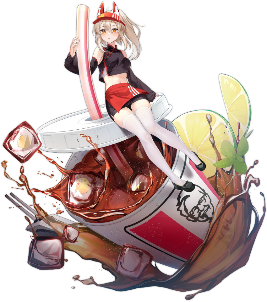 ayanami_(azur_lane) ayanami_(cola_fills_you_with_determination)_(azur_lane) azur_lane bare_shoulders black_footwear crop_top cup detached_sleeves disposable_cup drink drinking_straw female highres ice ice_cube kfc long_hair looking_at_viewer navel official_alternate_costume official_art ootsuki_momiji orange_eyes ponytail red_headwear sitting soda thighhighs transparent_background white_hair white_thighhighs