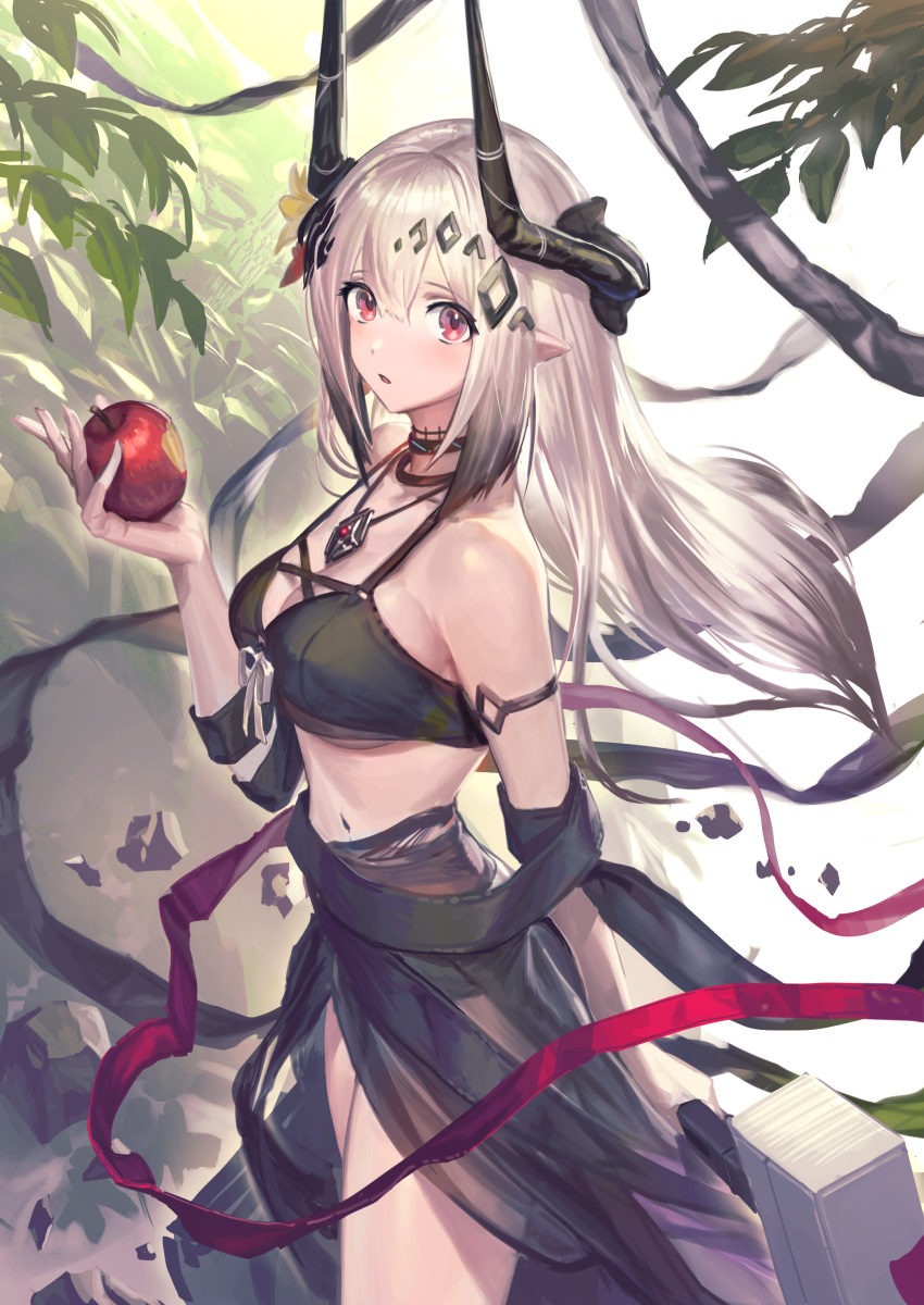 absurdres apple arknights bikini black_bikini female flower food fruit gesoking hair_between_eyes hair_ornament hammer highres holding holding_food horns infection_monitor_(arknights) long_hair looking_at_viewer material_growth mudrock_(arknights) mudrock_(silent_night)_(arknights) official_alternate_costume oripathy_lesion_(arknights) pointy_ears red_eyes sarong solo swimsuit white_hair