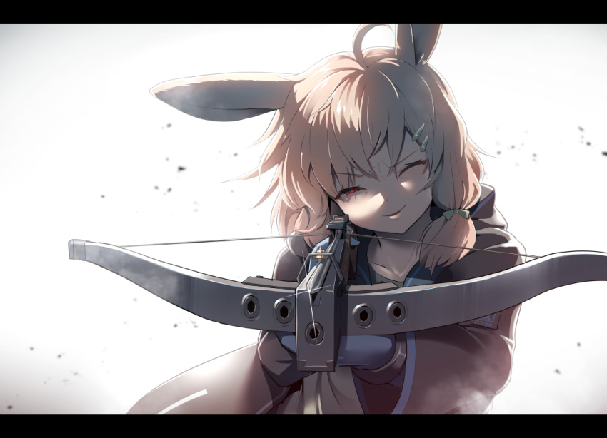 ahoge aiming aiming_at_viewer animal_ears arknights ayagi_daifuku brown_coat brown_hair coat collarbone commentary crossbow female glint gradient_background green_ribbons hair_ornament hair_ribbon hairclip kroos_(arknights) letterboxed looking_at_viewer one_eye_closed parted_lips rabbit_ears rabbit_girl red_eyes ribbon solo unusually_open_eyes upper_body v-shaped_eyebrows weapon white_background