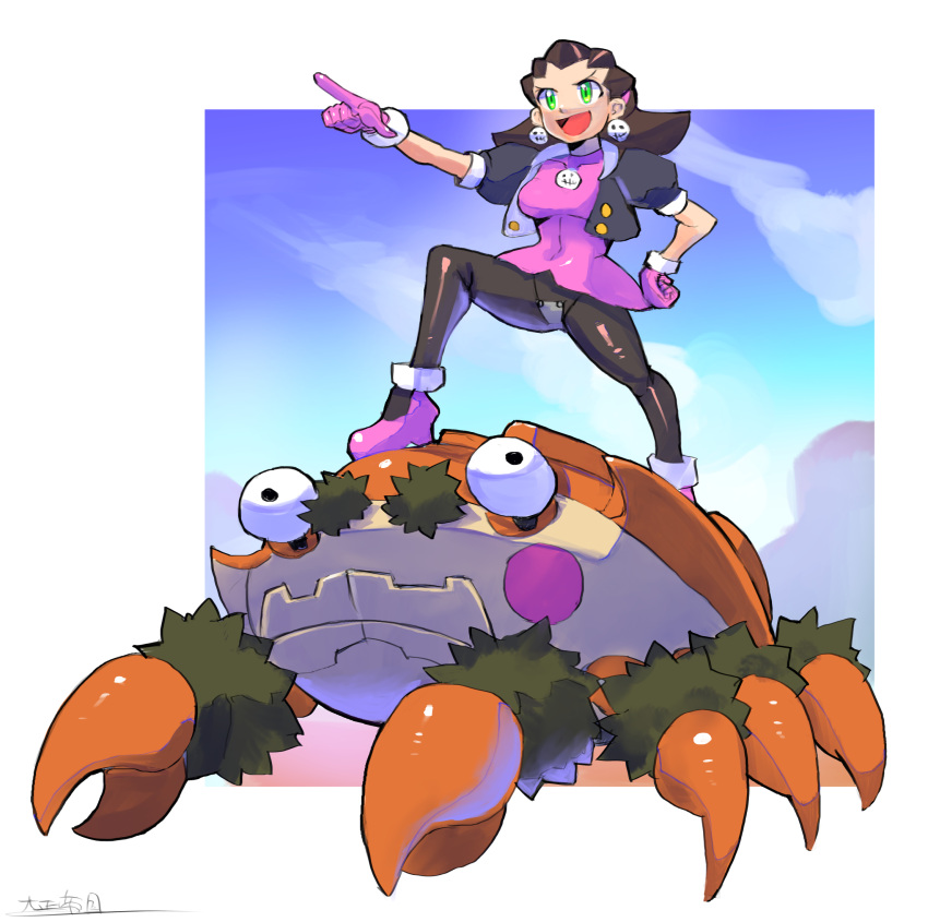 :d black_pantyhose brown_hair crab crossover crotch_plate day dress earrings female full_body gloves green_eyes hair_slicked_back hairband highres jewelry klawf leotard leotard_under_clothes looking_afar mega_man_(series) mega_man_legends_(series) oomasa_teikoku outdoors pantyhose photoshop_(medium) pink_dress pink_footwear pink_gloves pink_hairband pointing pokemon pokemon_(creature) skin_tight smile tron_bonne_(mega_man)