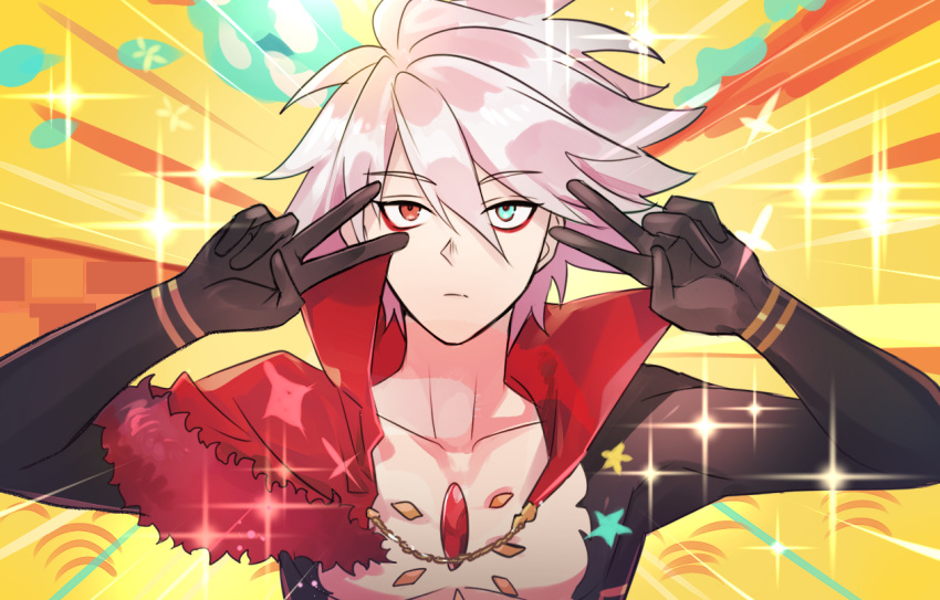 1boy bishounen black_bodysuit blue_eyes bodysuit center_opening chains chest_jewel closed_mouth double_v emotional_engine_-_full_drive eyeshadow fate/apocrypha fate/grand_order fate_(series) hair_between_eyes hands_up heterochromia karna_(fate) makeup male_focus parody popped_collar red_eyes red_eyeshadow sagta_panggang solo sparkle star_(symbol) upper_body v white_hair yellow_background