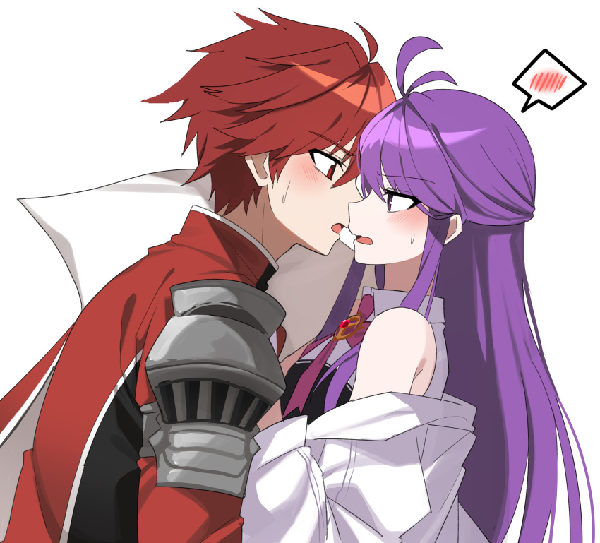 1boy aether_sage_(elsword) ahoge aisha_landar antenna_hair armor bare_shoulders blush collared_dress commentary_request dress elsword elsword_(character) female highres imminent_kiss jacket knight_emperor_(elsword) korean_commentary lix_(iroiro3843) long_hair nervous off_shoulder purple_eyes purple_hair red_eyes red_hair red_shirt shirt short_hair shoulder_armor simple_background sleeveless sleeveless_dress straight sweatdrop upper_body white_background white_dress white_jacket