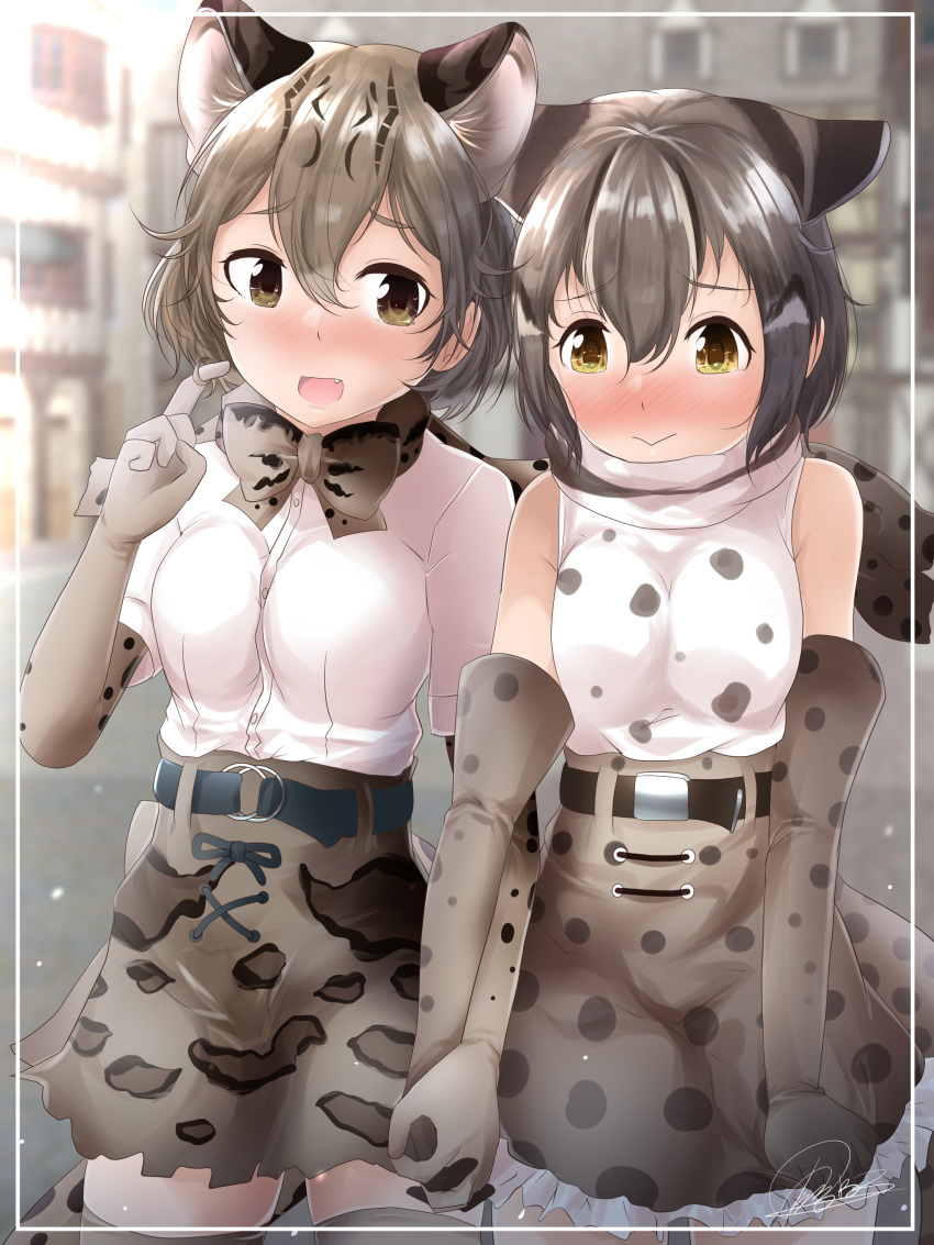 2girls :> :d absurdres amemiya_neru animal_ear_fluff animal_ears bare_shoulders blurry blurry_background blush bow bowtie breasts brown_bow brown_bowtie cat_ears commentary_request elbow_gloves extra_ears gloves grey_hair hair_between_eyes highres holding_hands interlocked_fingers iriomote_cat_(kemono_friends) kemono_friends marbled_cat_(kemono_friends) medium_breasts multiple_girls nose_blush oerba_yun_fang open_mouth outdoors print_bow print_bowtie print_gloves print_skirt shirt short_hair short_sleeves signature skirt smile thighhighs twirling_hair white_shirt yellow_eyes yuri