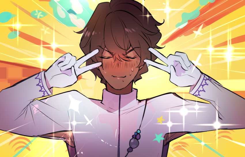 1boy arjuna_(fate) blush brown_hair closed_mouth dark-skinned_male dark_skin double_v emotional_engine_-_full_drive fate/grand_order fate_(series) full-face_blush gloves hair_between_eyes hands_up jacket male_focus parody sagta_panggang solo sparkle sweatdrop v wavy_mouth white_gloves white_jacket yellow_background