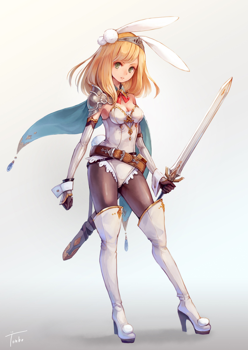 aka_tonbo_(lovetow) animal_ears armor artist_name boots breasts capelet commentary_request elbow_gloves fake_animal_ears fake_tail female gloves high_heel_boots high_heels highres leotard long_hair looking_at_viewer original pantyhose pauldrons rabbit_ears rabbit_tail shoulder_armor signature single_pauldron solo standing sword tail thigh_boots thighhighs tiara weapon