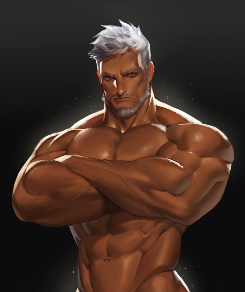 1boy abs bara bare_pectorals beard black_background character_request chest_hair commentary copyright_request crossed_arms facial_hair fusion glowing highres large_pectorals male_focus mature_male muscular muscular_male na_insoo navel old old_man pectorals red_eyes sideburns simple_background white_hair