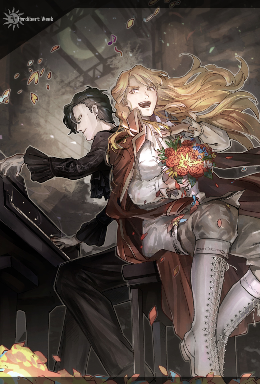 2boys aged_up ascot back-to-back black_hair blush boots bouquet cape cheekbones commentary_request ferdinand_von_aegir fire_emblem fire_emblem:_three_houses floating_hair flower frilled_sleeves frills highres holding holding_bouquet hubert_von_vestra instrument knee_boots korokoro_daigorou long_hair male_focus multiple_boys music orange_hair petals piano playing_instrument playing_piano shared_chair wavy_hair