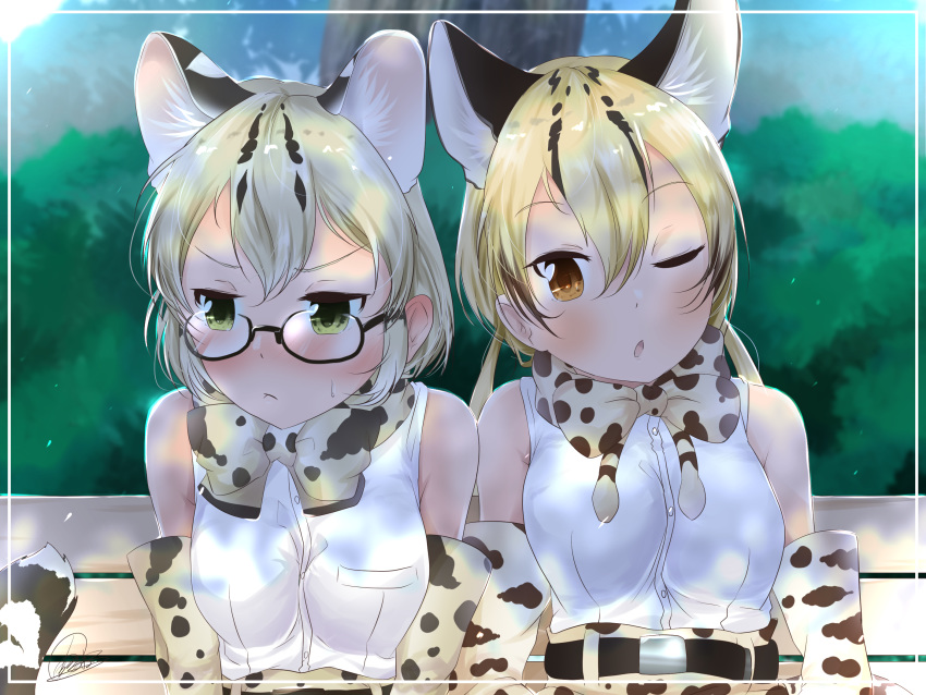 2girls :< ;o amemiya_neru animal_ear_fluff animal_ears armpit_crease bare_shoulders belt bench black-framed_eyewear black_belt blonde_hair blush bow bowtie breast_pocket brown_eyes cat_ears cat_tail commentary_request confused day elbow_gloves extra_ears glasses gloves green_eyes hair_between_eyes high-waist_skirt highres kemono_friends looking_away looking_to_the_side margay_(kemono_friends) margay_print multiple_girls ocelot_(kemono_friends) one_eye_closed orange_eyes outdoors pocket print_bow print_bowtie print_skirt shirt short_hair shoulder-to-shoulder signature sitting skirt sleeveless sleeveless_shirt tail upper_body white_shirt