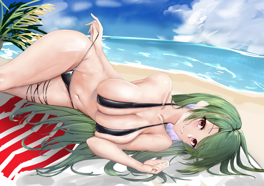 absurdres azur_lane beach bikini black_bikini breasts cleavage day female green_hair halterneck highres huge_breasts littorio_(azur_lane) littorio_(the_glory_of_naples)_(azur_lane) long_hair lying mippei multicolored_hair official_alternate_costume on_side outdoors palm_tree pulling_own_clothes red_eyes red_hair sand skindentation smile solo streaked_hair string_pull swimsuit tree two-tone_hair very_long_hair water