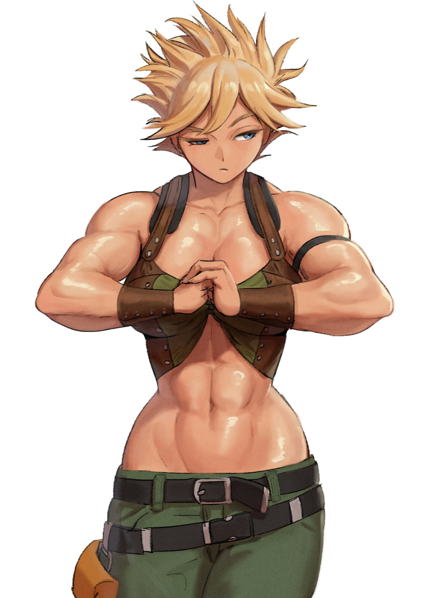 abs absurdres belt biceps black_belt blonde_hair bloody_roar blue_eyes cowboy_shot expressionless female green_pants highres jeanne_gado midriff muscular muscular_female narrow_waist navel nutro pants short_hair simple_background solo white_background