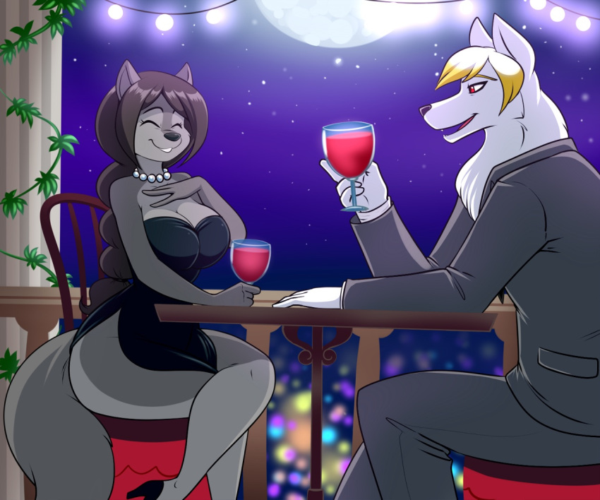 2019 alcohol anthro beverage big_breasts black_clothing black_dress black_hair black_nose blonde_hair braided_hair breasts canid canine canis chair cleavage closed_eyes clothed clothing container cup date dingo dreaj1 dress drinking_glass duo evening_gown female footwear formal fully_clothed fur furniture gem glass glass_container glass_cup grey_body grey_clothing grey_fur grey_suit hair hand_on_chest high_heels holding_beverage holding_object jewelry ken_dalton lonbluewolf long_hair looking_at_another looking_at_partner lunara_fenrus male male/female mammal mature_anthro mature_female moon necklace night pearl_(gem) pearl_necklace restaurant romantic romantic_ambiance romantic_couple shoes sitting sky star starry_sky story story_in_description suit table white_body white_fur wine wine_glass wolf