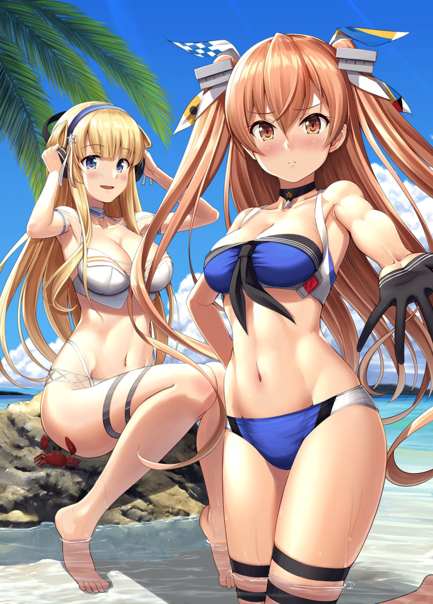 2girls adapted_costume bare_shoulders beach bikini black_gloves blonde_hair blue_bikini blue_eyes blush breasts brown_eyes brown_hair choker cleavage closed_mouth collarbone commentary crab day detached_sleeves fletcher_(kancolle) fletcher_(swimsuit_mode)_(kancolle) fletcher_mk_ii_(kancolle) gloves groin headgear highres ichikawa_feesu johnston_(kancolle) johnston_kai_(swimsuit_mode)_(kancolle) kantai_collection kneeling large_breasts long_hair looking_at_viewer medium_breasts multiple_girls navel ocean open_mouth outdoors partially_submerged sitting soaking_feet stomach swimsuit thigh_strap twintails white_bikini