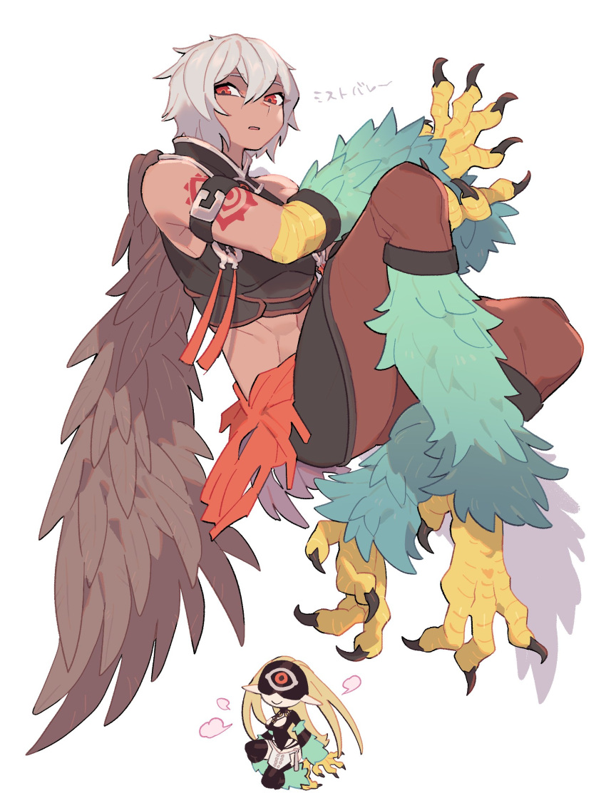 1boy abs absurdres animal_feet arm_strap arm_tattoo bare_shoulders bird_legs blonde_hair brown_feathers brown_wings claws commentary duel_monster feathered_wings feathers female green_feathers grey_hair harpy harpy_boy highres inu_fuji midriff mist_valley_falcon mist_valley_shaman monster_boy monster_girl muscular muscular_male pointy_ears red_eyes shadow short_hair simple_background talons tan tattoo white_background wings yu-gi-oh!