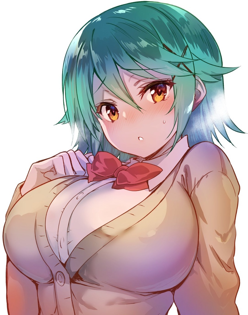 blush bow bowtie breasts cardigan collared_shirt female gakkou_de_seishun! green_hair hair_ornament hairclip highres large_breasts looking_at_viewer medium_hair nagamori_chisa parted_lips red_bow red_bowtie sanshoku_amido shirt simple_background solo upper_body white_background white_shirt wing_collar x_hair_ornament yellow_cardigan yellow_eyes