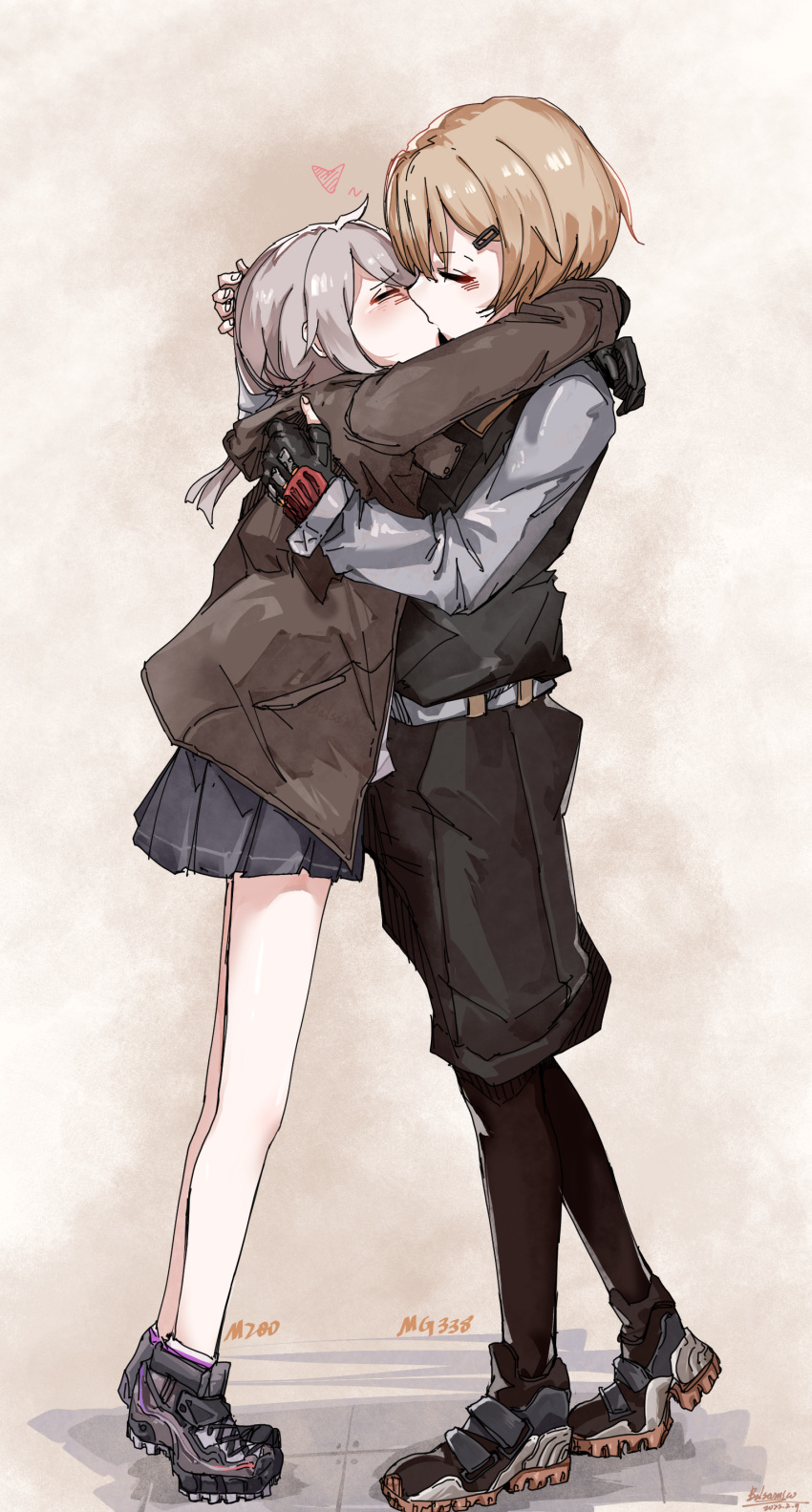 2girls absurdres ahoge bad_id bad_pixiv_id balsamico_su blonde_hair character_name closed_eyes fingerless_gloves full_body girls'_frontline gloves grey_hair hair_ornament hairclip hand_on_another's_head heart height_difference highres hug kissing m200_(girls'_frontline) medium_hair mg338_(girls'_frontline) miniskirt multiple_girls shoes short_hair shorts skirt sneakers tiptoe_kiss tiptoes yuri