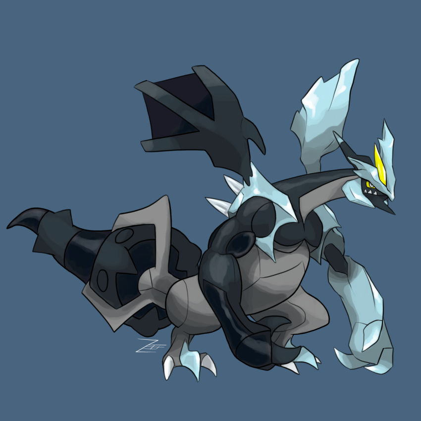 black_kyurem blue_background claws commentary creature english_commentary full_body gen_5_pokemon highres kyurem no_humans pokemon pokemon_(creature) sharp_teeth signature simple_background solo standing teeth white_eyes yellow_sclera zeefster