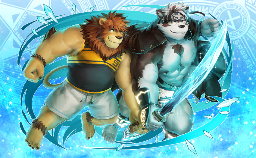 2boys abs ainu_clothes animal_ears bandaged_foot bandages bara bare_arms bare_pectorals belly black_tank_top brown_hair bulge chest_hair combined_attack commission crystal_sword eye_contact fangs full_body furry furry_male grey_fur grey_hair headband holding holding_sword holding_weapon horkeu_kamui jacket jacket_on_shoulders large_pectorals lightning lion_boy lion_ears lion_tail looking_at_another male_focus multicolored_hair multiple_boys multiple_wielding muscular muscular_male navel nipples original pectorals pelvic_curtain plump ross_lion short_hair shorts smile stomach sword tail taka_(takahiro_si) tank_top thick_thighs thighs tokyo_afterschool_summoners two-tone_fur two-tone_hair weapon white_fur white_hair white_shorts wolf_boy wolf_ears wolf_tail yellow_eyes