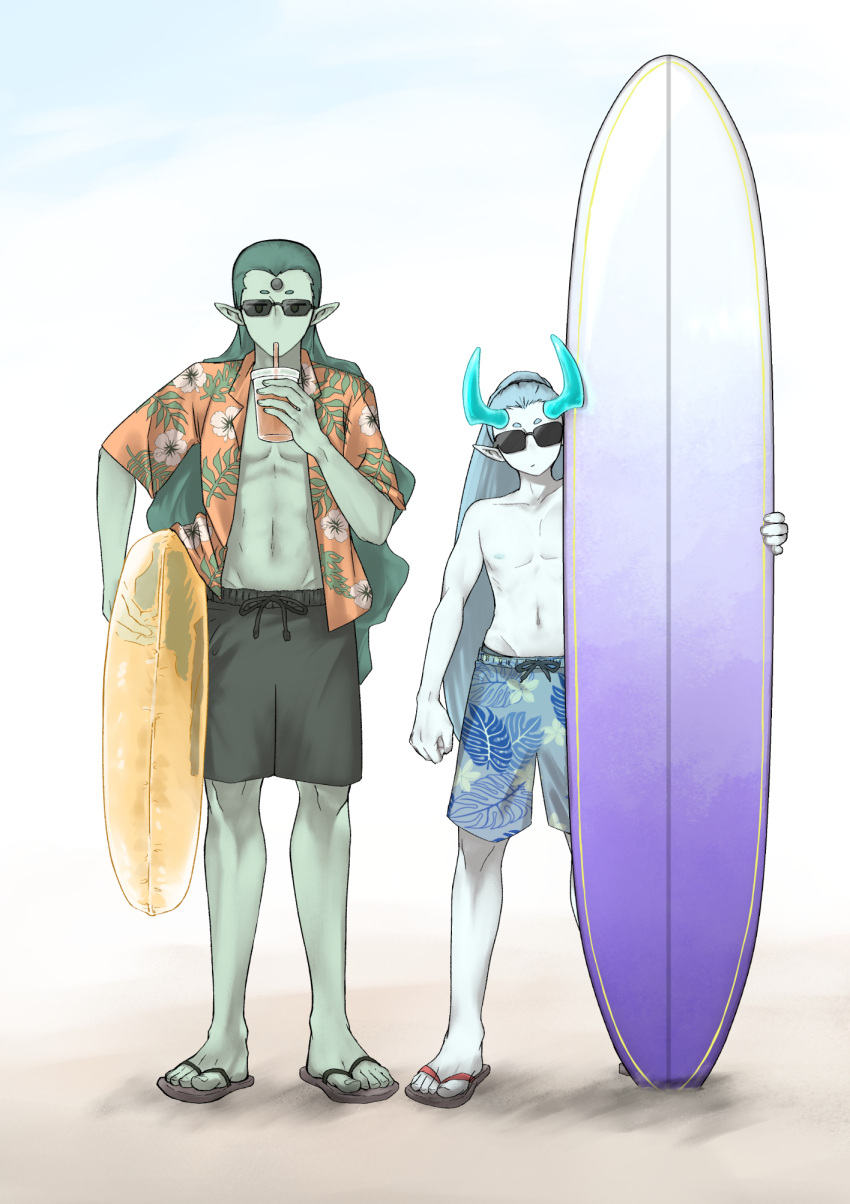 2boys aqua_hair aqua_horns aqua_skin bad_id bad_pixiv_id black_footwear colored_skin cup diting_(the_legend_of_luoxiaohei) drinking floral_print full_body green_hair green_skin highres holding holding_cup holding_surfboard holding_swim_ring horns innertube leaf_print long_hair looking_at_viewer luo_xiaohei_zhanji male_focus male_swimwear multiple_boys navel nipples orange_shirt osushi_templa pointy_ears print_shirt print_swimsuit sandals shirt single_horn standing sunglasses surfboard swim_ring swim_trunks swimsuit very_long_hair wide_shot xuhuai_(the_legend_of_luoxiaohei)