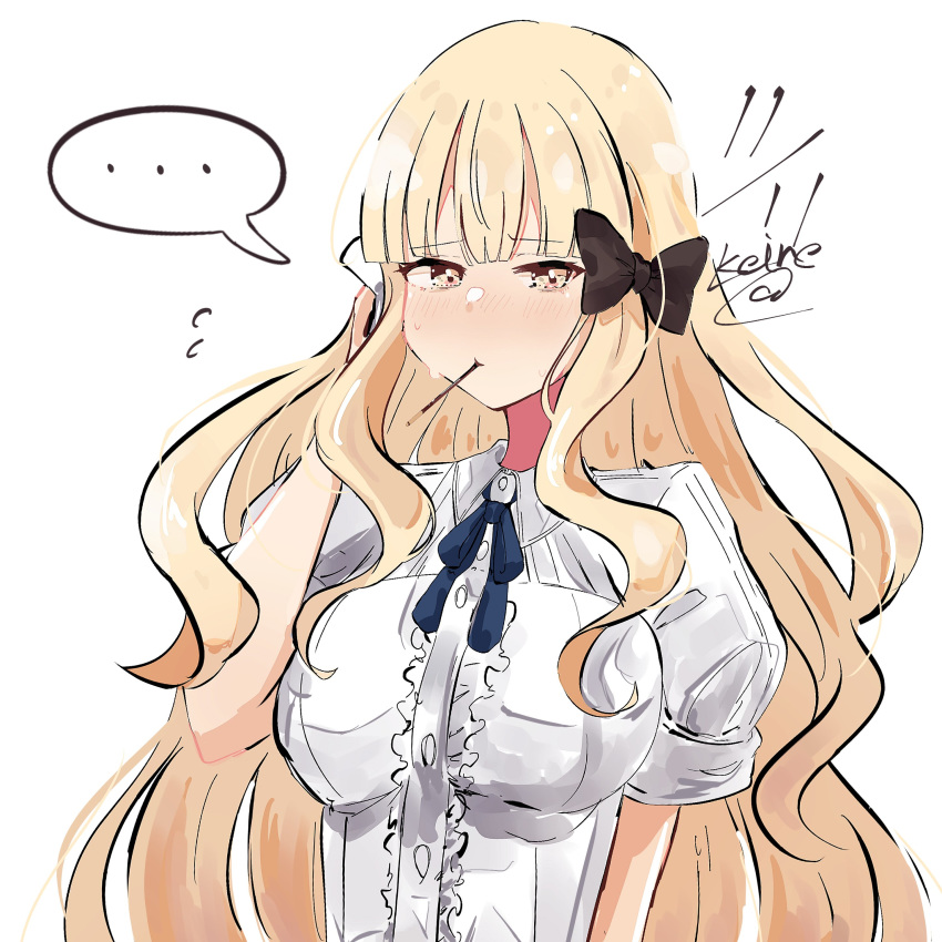 ... absurdres black_bow blonde_hair blue_ribbon blush bow breasts casual curly_hair dress_shirt female food food_in_mouth hairbow highres keinesandayoooo long_hair looking_at_viewer mouth_hold neck_ribbon pocky pocky_day pocky_in_mouth princess_connect! ribbon saren_(princess_connect!) saren_(real)_(princess_connect!) shirt signature skirt solo upper_body white_background white_shirt yellow_eyes