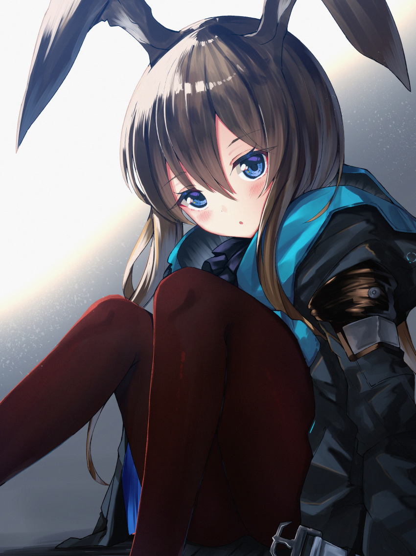 :o absurdres amiya_(arknights) animal_ears arknights black_jacket black_pantyhose blue_eyes brown_hair commentary female highres hood hood_down hooded_jacket jacket light_blush long_hair long_sleeves looking_at_viewer misonikomi open_clothes open_jacket pantyhose parted_lips rabbit_ears sidelocks solo