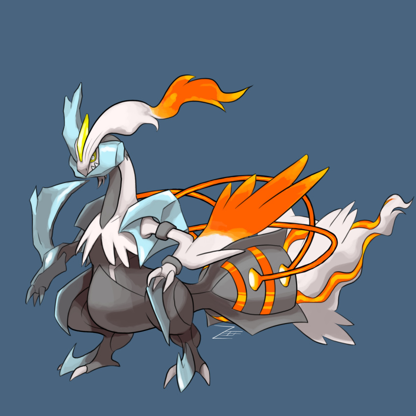 blue_background claws commentary creature english_commentary full_body gen_5_pokemon highres kyurem no_humans pokemon pokemon_(creature) sharp_teeth signature simple_background solo standing teeth white_eyes white_kyurem yellow_sclera zeefster