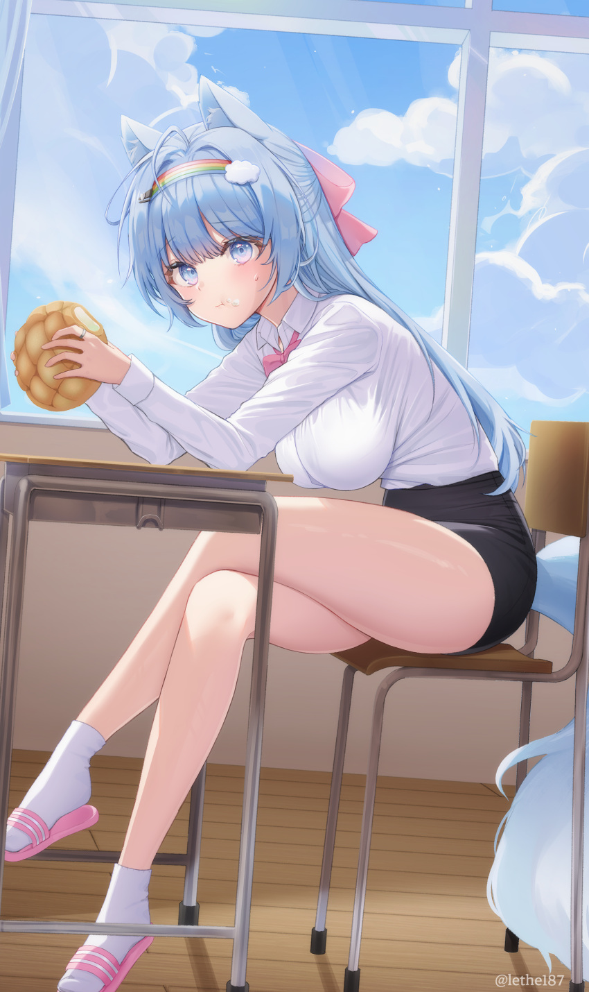 absurdres ahoge animal_ears bare_legs black_skirt blue_eyes blue_hair bread breasts chair collared_shirt cream cream_on_face crossed_legs desk female food food_on_face fox_ears fox_girl fox_tail hairband high-waist_skirt highres holding large_breasts lethe_(lethe187) long_hair long_sleeves looking_at_viewer melon_bread miniskirt original school_chair school_desk school_uniform shirt shirt_tucked_in sitting skirt slippers socks solo tail tail_through_clothes taut_clothes taut_shirt thighs twitter_username white_shirt white_socks