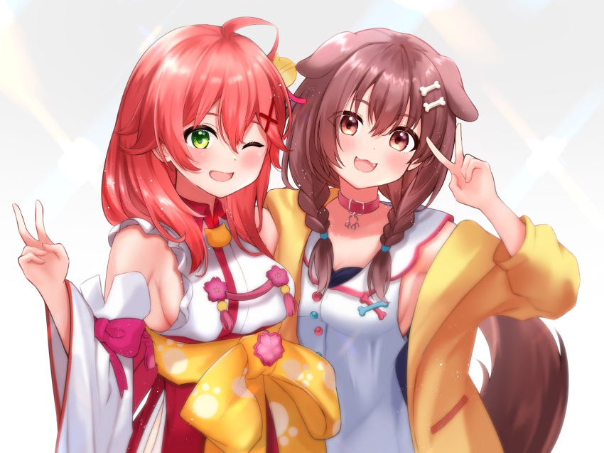 2girls :d ;d ahoge animal_ears bell blush bone_hair_ornament breasts brown_eyes brown_hair commentary_request detached_sleeves dog_ears dog_tail dress extra_ears fangs green_eyes hair_bell hair_between_eyes hair_ornament highres hololive inugami_korone inugami_korone_(1st_costume) jacket jingle_bell long_hair long_sleeves looking_at_viewer medium_breasts multiple_girls one_eye_closed open_clothes open_jacket paw_print red_eyes red_skirt sakura_miko sakura_miko_(1st_costume) sash shirt sideless_kimono skirt sleeveless sleeveless_dress smile tail takumin_dx upper_body v virtual_youtuber white_dress white_shirt yellow_jacket yellow_sash