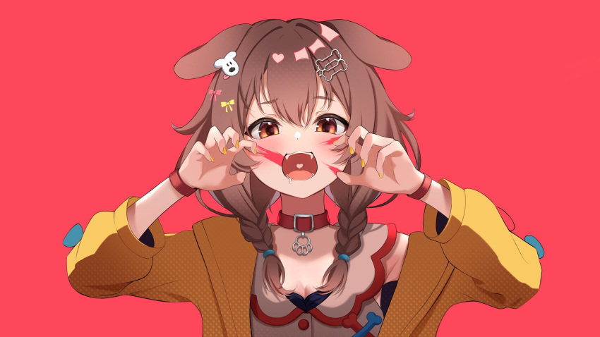 animal_(vocaloid) animal_ears bone_hair_ornament bow braid brown_eyes brown_hair claw_pose collar commentary_request dog_ears dog_girl dog_hair_ornament facepaint female hair_between_eyes hair_ornament hairbow highres hololive hoso-inu inugami_korone inugami_korone_(1st_costume) jacket long_hair long_sleeves looking_at_viewer nail_polish open_clothes open_jacket open_mouth red_collar shirt solo takumin_dx twin_braids upper_body virtual_youtuber white_shirt wristband yellow_jacket yellow_nails