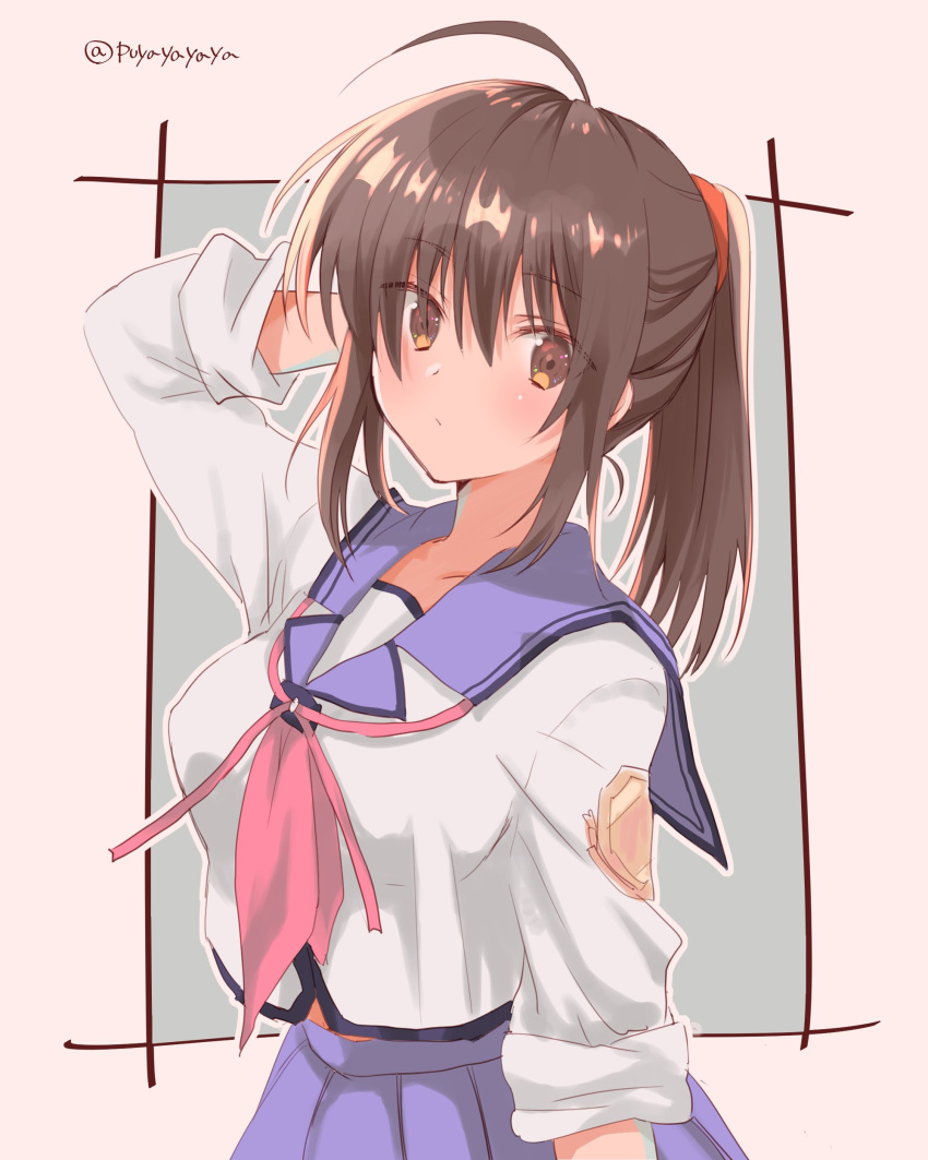 absurdres ahoge angel_beats! blue_sailor_collar blue_skirt brown_eyes brown_hair cowboy_shot female highres hisako_(angel_beats!) long_hair looking_at_viewer multicolored_background neckerchief pink_neckerchief pleated_skirt ponytail puya sailor_collar school_uniform serafuku shinda_sekai_sensen_uniform skirt sleeves_rolled_up solo twitter_username