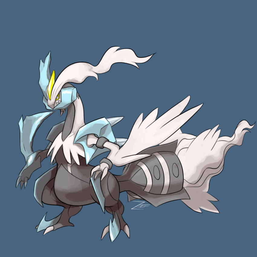 blue_background claws commentary creature english_commentary full_body gen_5_pokemon highres kyurem no_humans pokemon pokemon_(creature) sharp_teeth signature simple_background solo standing teeth white_eyes white_kyurem yellow_sclera zeefster