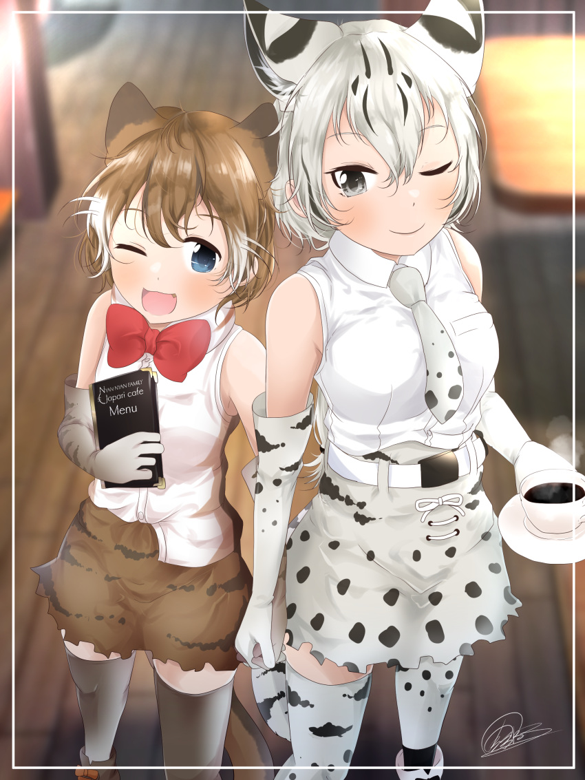 2girls ;) ;d absurdres amemiya_neru animal_ear_fluff animal_ears animal_print bare_shoulders belt blue_eyes blurry blurry_background blush bobcat_(kemono_friends) bow bowtie breast_pocket brown_hair cat_ears cat_print cat_tail closed_mouth collared_shirt commentary_request cup depth_of_field disposable_coffee_cup disposable_cup elbow_gloves extra_ears flat-headed_cat_(kemono_friends) gloves green_eyes hair_between_eyes highres holding holding_cup holding_menu holding_weapon indoors interlocked_fingers kemono_friends menu multicolored_hair multiple_girls necktie oerba_yun_fang one_eye_closed open_mouth pocket print_bow print_gloves print_necktie print_skirt print_thighhighs red_bow red_bowtie shirt short_hair skirt sleeveless sleeveless_shirt smile steam tail teacup thighhighs two-tone_hair weapon white_belt white_hair white_necktie white_shirt wing_collar wooden_floor zettai_ryouiki