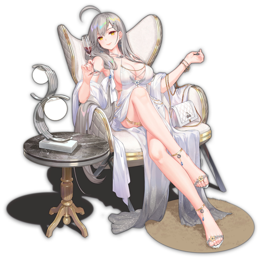 ahoge alcohol ankle_strap bracelet breasts chair cleavage closed_mouth crossed_legs cup dress drinking_glass earrings easy_chair feet female full_body grey_hair hair_ornament hairclip high_heels holding holding_cup jewelry kitami_sawako lamp large_breasts long_hair looking_at_viewer low-tied_long_hair mahjong_soul marble_(stone) official_art pelvic_curtain plunging_neckline red_wine revealing_clothes ribbon sandals shawl sideboob sitting smile solo strappy_heels table tachi-e thighlet toeless_footwear transparent_background white_dress white_ribbon wine wine_glass yellow_eyes