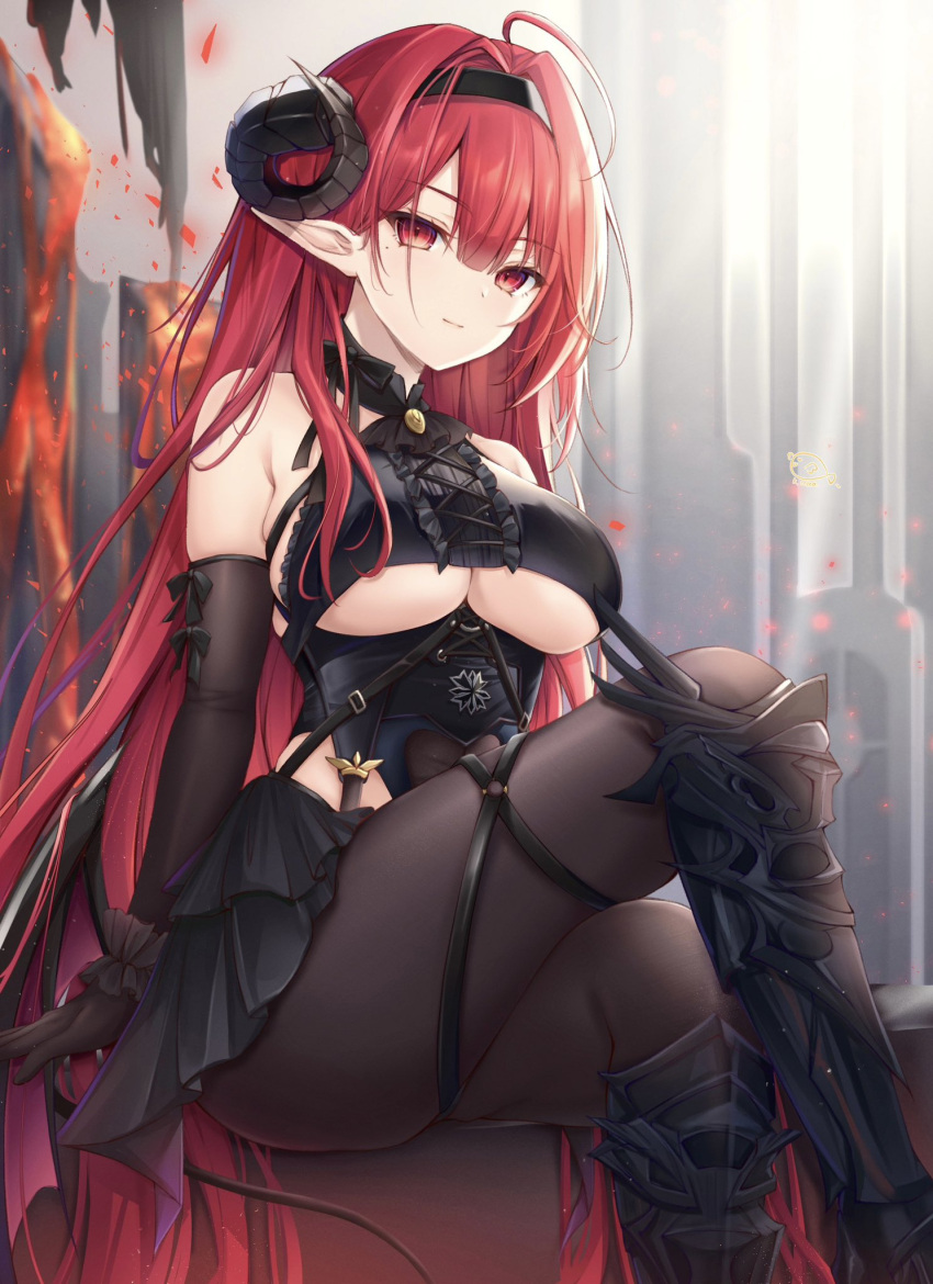 ahoge azur_lane bare_shoulders black_gloves black_headband black_horns breasts center_cross_lace center_frills clothing_cutout curled_horns demon_girl demon_wings elbow_gloves feet female frilled_gloves frills gloves headband highres hindenburg_(azur_lane) horns kiri_celea legs long_hair looking_at_viewer pantyhose pink_pupils pointy_ears red_hair sitting solo thighs underboob underboob_cutout very_long_hair wings