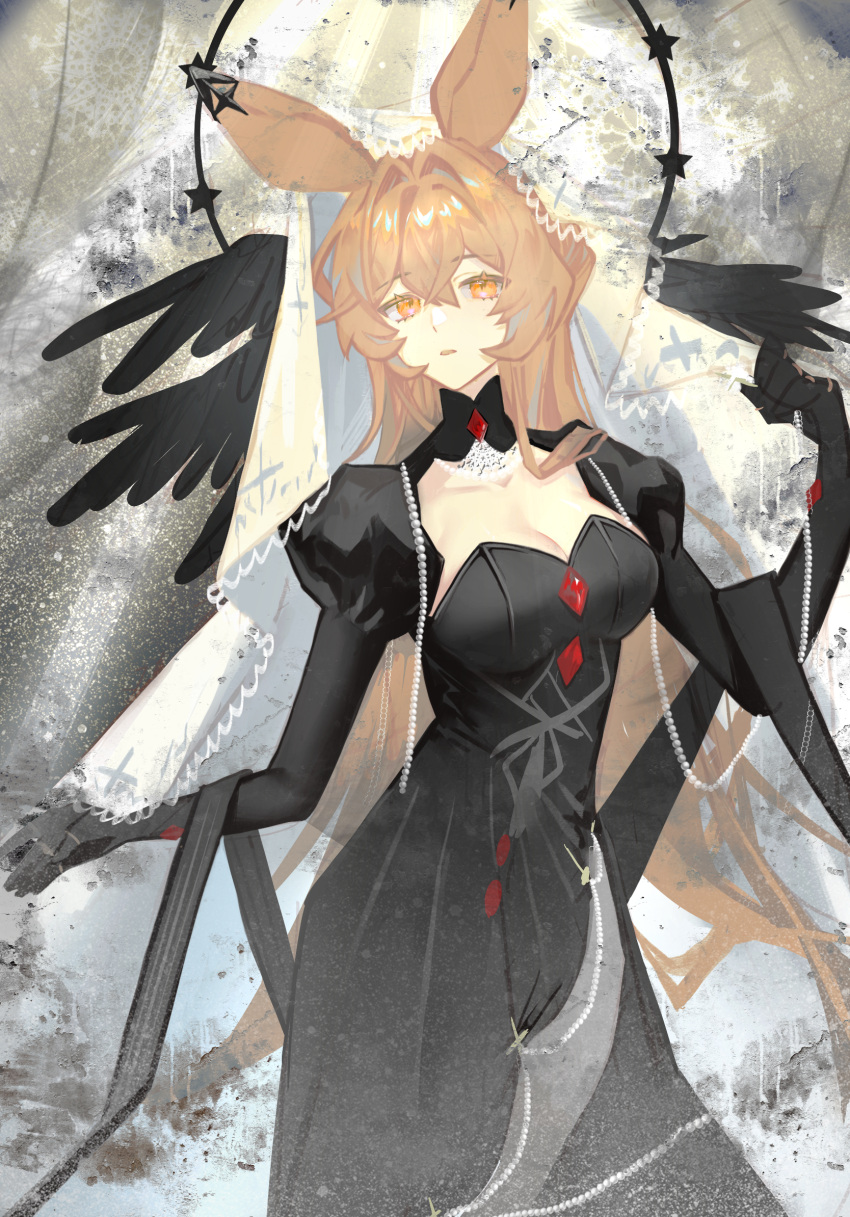 animal_ears arknights black_dress black_gloves blonde_hair breasts cleavage commentary_request cowboy_shot dorothy_(arknights) dorothy_(hand_of_destiny)_(arknights) dress elbow_gloves female gloves hair_between_eyes highres jewelry long_hair long_sleeves looking_at_viewer miku17883 mouse_ears mouse_girl necklace official_alternate_costume pearl_necklace puffy_sleeves solo veil white_veil yellow_eyes