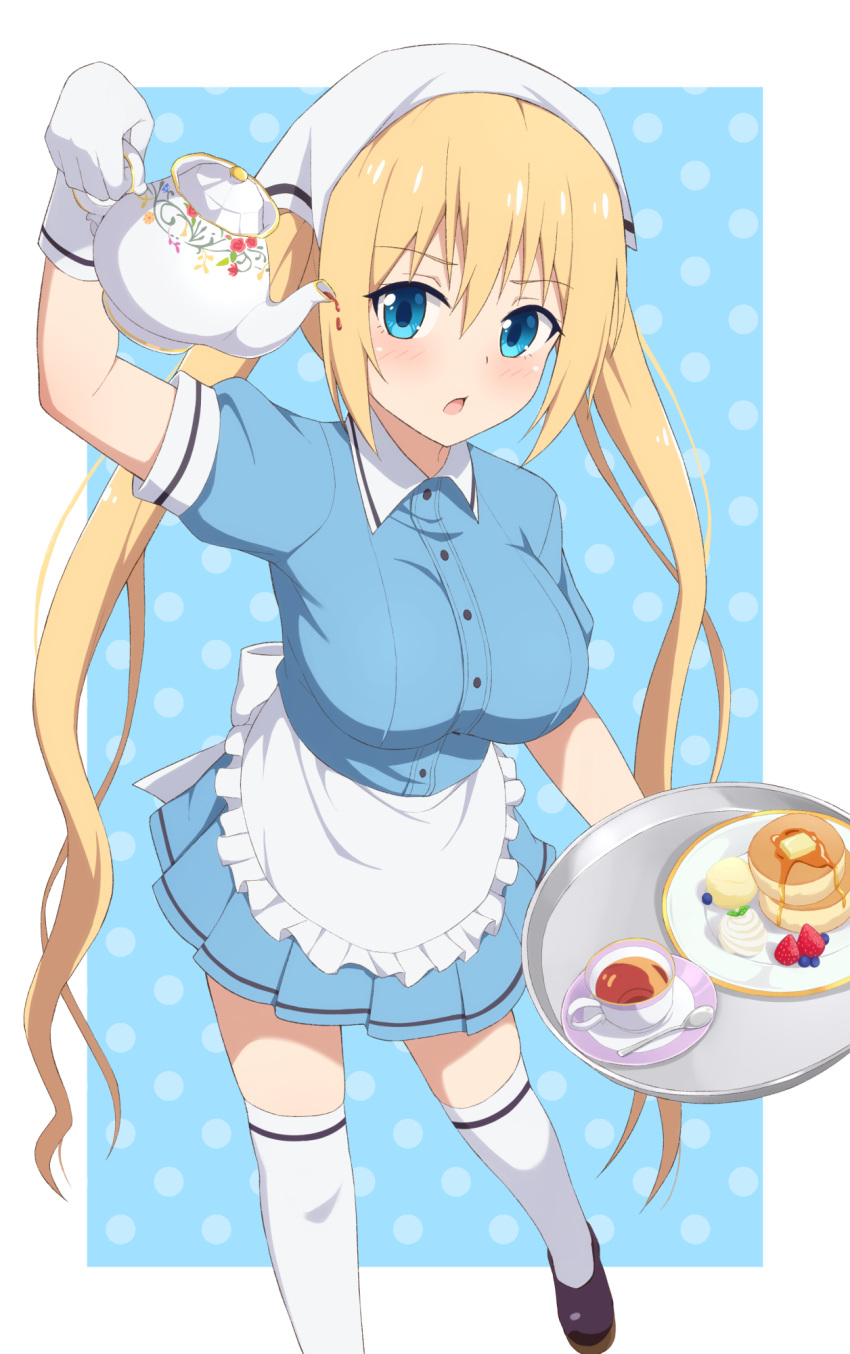 apron blend_s blonde_hair blue_eyes blue_shirt blush breasts commentary_request cup eniraka female food frilled_apron frills gloves hair_between_eyes head_scarf highres hinata_kaho holding holding_teapot holding_tray large_breasts long_hair looking_at_viewer pancake shirt short_sleeves solo stile_uniform teacup teapot thighhighs tray twintails waist_apron waitress white_apron white_gloves white_thighhighs