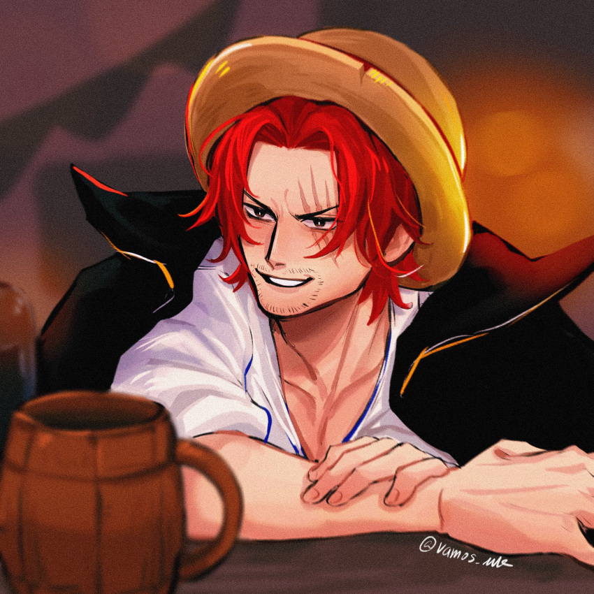 1boy barrel_mug beer_mug black_coat bright_pupils coat collarbone cup grin hair_intakes hand_on_own_arm hat highres male_focus mug one_piece red_hair scar scar_across_eye shanks_(one_piece) shirt short_sleeves signature sitting smile solo straw_hat vamos_mk white_pupils white_shirt