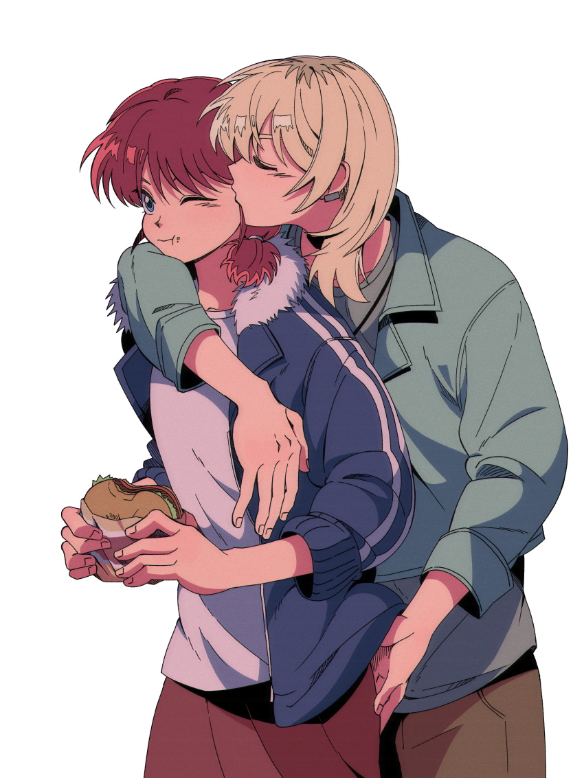 2girls absurdres arm_around_neck bio_w5 blue_eyes blue_jacket blush brown_pants burger closed_eyes closed_mouth commentary_request earclip food food_on_face girls_band_cry grabbing_another's_ass green_jacket groping highres holding holding_burger holding_food iseri_nina jacket kawaragi_momoka kissing kissing_cheek korean_commentary light_brown_hair long_hair long_sleeves multicolored_hair multiple_girls one_eye_closed pants red_hair red_skirt roots_(hair) shirt short_twintails simple_background skirt twintails white_background white_shirt yuri