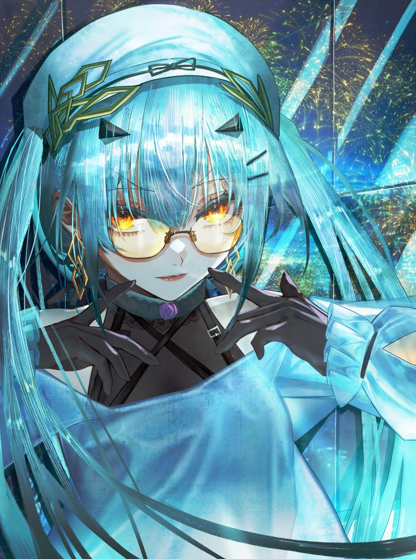 absurdres bare_shoulders beret black_gloves breasts dress earrings fate/grand_order fate_(series) female forked_eyebrows glasses gloves hat highres jewelry jin_sumire long_hair long_sleeves looking_at_viewer melusine_(exhibition_attire)_(fate) melusine_(fate) off_shoulder sidelocks small_breasts smile solo twintails white_dress white_hair white_hat yellow_eyes