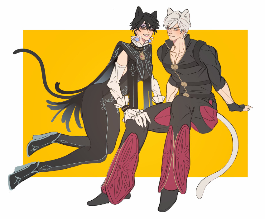 1boy animal_ears bayonetta bayonetta_(series) bayonetta_2 black_gloves blue_eyes cat_ears cat_tail dante_(devil_may_cry) devil_may_cry_(series) devil_may_cry_4 facial_hair female fingerless_gloves glasses gloves highres looking_at_viewer mont_spark short_hair smile tail white_hair