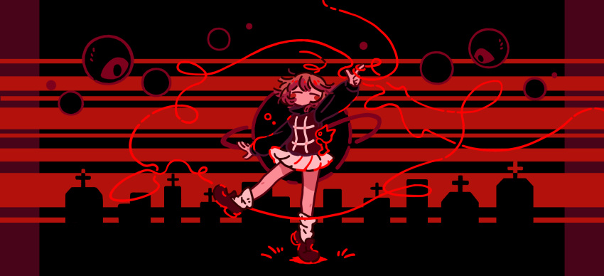 arm_up blush_stickers closed_eyes commentary_request eyeball female finger_gun flat_color highres long_sleeves loose_socks miniskirt monochrome no_mouth no_nose nunusayu pleated_skirt red_theme shoes short_hair skirt socks solo standing standing_on_one_leg string sweater tiptoes tombstone turtleneck turtleneck_sweater urotsuki wide_shot yume_2kki