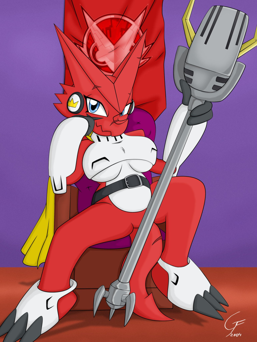 anthro bandai_namco blue_eyes breasts chair digimon digimon_(species) digimon_xros_wars female furniture hi_res overlord_gabriel red_body shoutmon solo throne