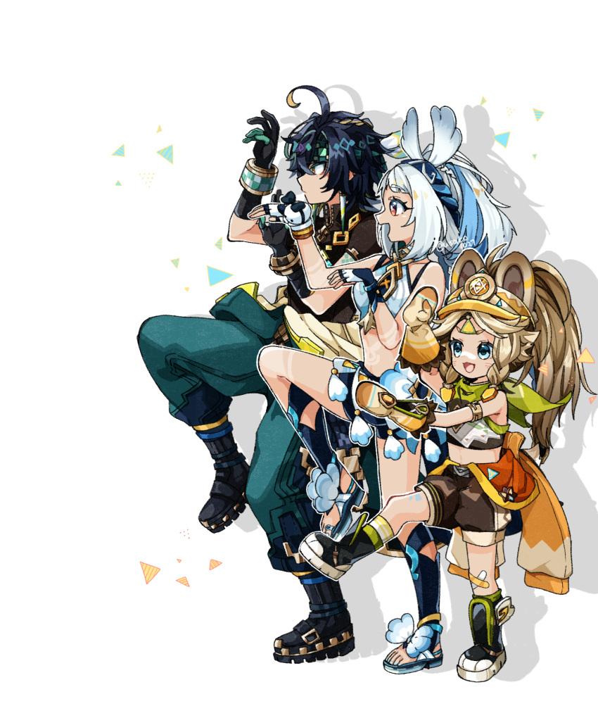 1boy animal_ears bandaid bandaid_on_leg black_hair blue_eyes earrings fish-shaped_pupils genshin_impact gloves green_eyes hair_between_eyes headband highres jewelry kachina_(genshin_impact) kinich_(genshin_impact) long_hair mualani_(genshin_impact) multicolored_hair usako_(usako1031) visor_cap