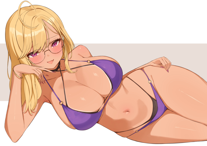 ahoge bikini black_bikini blonde_hair blush bracelet breasts choco_tanuki cleavage collar female hair_between_eyes hand_on_own_hip head_rest highres jewelry large_breasts layered_bikini long_hair looking_at_viewer lying nail_polish navel nijisanji o-ring o-ring_bikini oerba_yun_fang on_side open_mouth pink_nails purple_bikini purple_eyes skin_fang skindentation smile solo stomach swept_bangs swimsuit takamiya_rion tan tanlines thighs virtual_youtuber