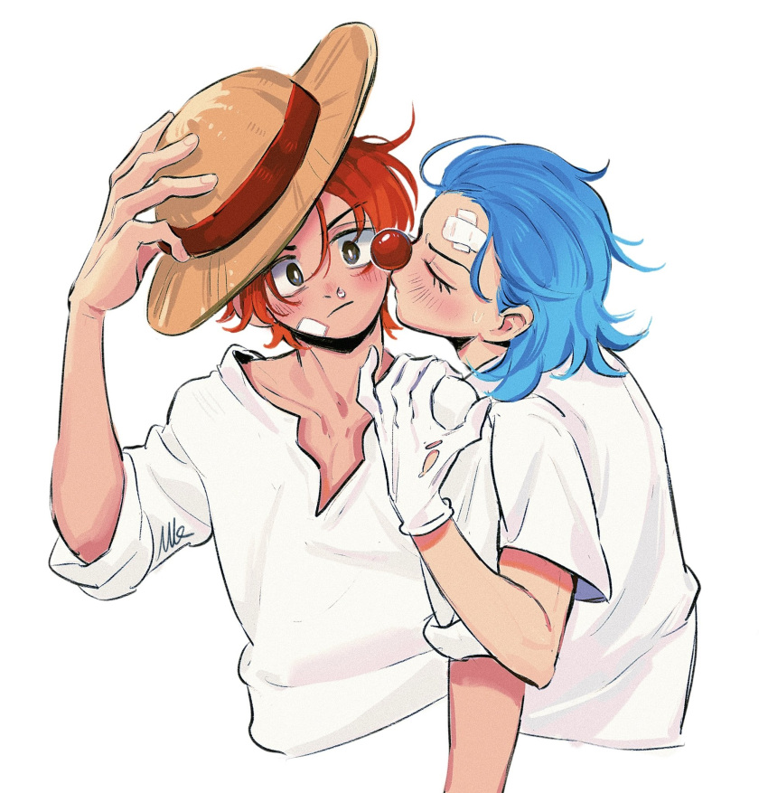 2boys aged_down black_eyes blue_hair blush bright_pupils buggy_the_clown closed_eyes collarbone eyelashes gloves hand_on_headwear hat highres imminent_kiss medium_hair multiple_boys one_piece polo_shirt red_hair shanks_(one_piece) shirt short_sleeves signature simple_background straw_hat torn_clothes torn_gloves vamos_mk white_background white_gloves white_pupils white_shirt yaoi