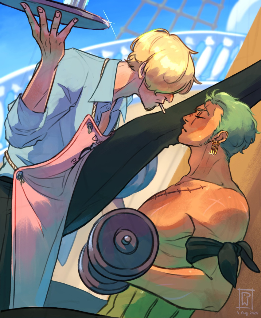 2boys bara cigarette couple cowboy_shot day earrings exercising face-to-face foot_kabedon green_hair highres holding_dumbbell jacket_mine jewelry kabedon large_pectorals male_focus multiple_boys muscular muscular_male one_piece pectorals profile roronoa_zoro sanji_(one_piece) scar scar_across_eye ship short_hair standing watercraft weightlifting yaoi