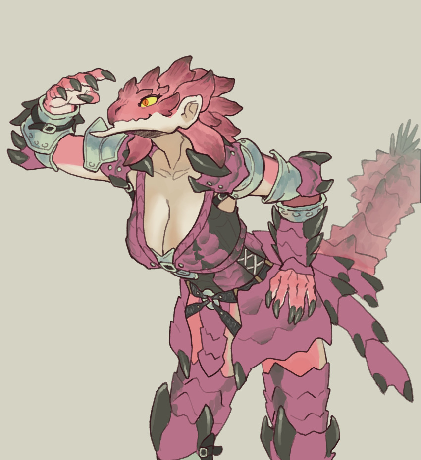 2024 absurd_res anthro armor big_breasts biped breasts capcom claws cleavage clothed clothing cuisse digital_media_(artwork) female female_anthro finger_claws hi_res monster_hunter multicolored_body orange_eyes pauldron pink_body pink_rathian pink_scales rath_wyvern rathian scales smile solo tassets white_body yellow_sclera yolabayola1