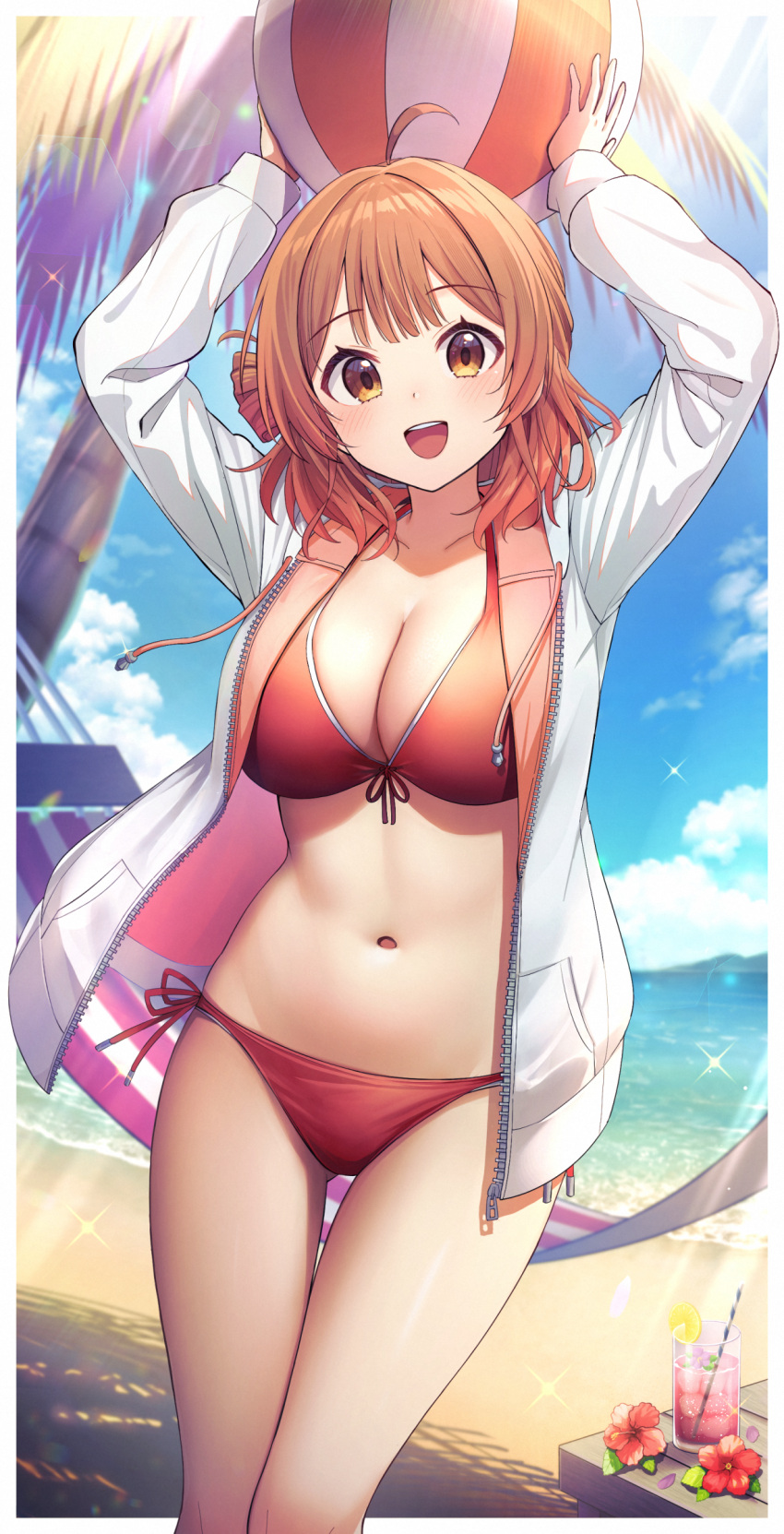 absurdres ahoge arms_up ball beach beachball bikini blue_sky blurry blurry_background blush breasts brown_hair female flower gakuen_idolmaster hair_bun hanami_ume highres holding holding_ball holding_beachball idolmaster jacket large_breasts long_hair looking_at_viewer navel ocean open_clothes open_jacket open_mouth outdoors red_bikini single_side_bun sky smile solo stomach swimsuit u_rin