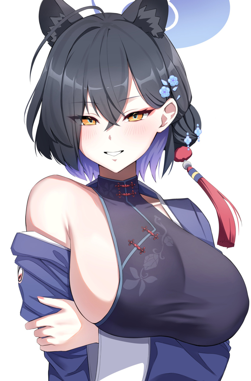 absurdres black_hair blue_archive blue_halo blush breasts china_dress chinese_clothes colored_inner_hair dress extra_ears eyeliner hair_between_eyes hair_bun halo highres holding_own_arm kaguya_(blue_archive) kuromiz large_breasts makeup multicolored_hair nail_polish orange_eyes panther_ears red_eyeliner sideboob single_bare_shoulder single_hair_bun sleeveless_turtleneck_dress smile toenail_polish toenails white_background