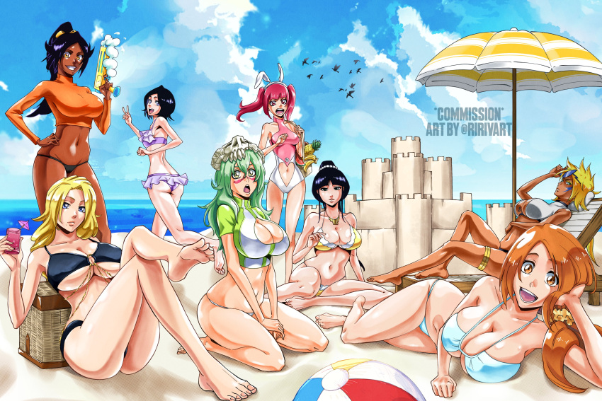 6+girls absurdres animal_ears artist_name ball beach beach_chair beach_umbrella beachball bikini bleach blonde_hair breasts dark-skinned_female dark_skin dokugamine_riruka drink facial_mark fake_animal_ears food fruit green_hair highres inoue_orihime kubo_tite_(style) kuchiki_rukia kurotsuchi_nemu large_breasts mask mask_on_head matsumoto_rangiku mole mole_under_mouth multiple_girls nelliel_tu_odelschwanck orange_hair ponytail ririvart shihouin_yoruichi small_breasts swimsuit tier_harribel umbrella water_gun