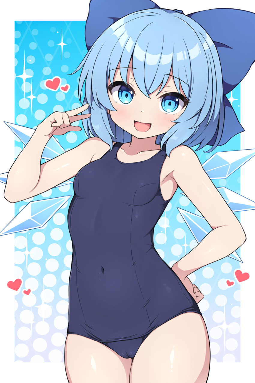 :d bare_arms blue_bow blue_eyes blue_hair blue_one-piece_swimsuit border bow breasts cameltoe cirno commentary_request covered_navel cowboy_shot female hairbow hand_on_own_hip hand_up heart highres ice ice_wings looking_at_viewer medium_hair one-piece_swimsuit open_mouth rizento school_swimsuit small_breasts smile solo swimsuit thighs touhou white_border wings